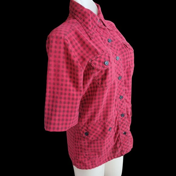True Vintage Women's Small Shirt Boho 1970's Flannel Red Black Checkered Hippy - Picture 4 of 7